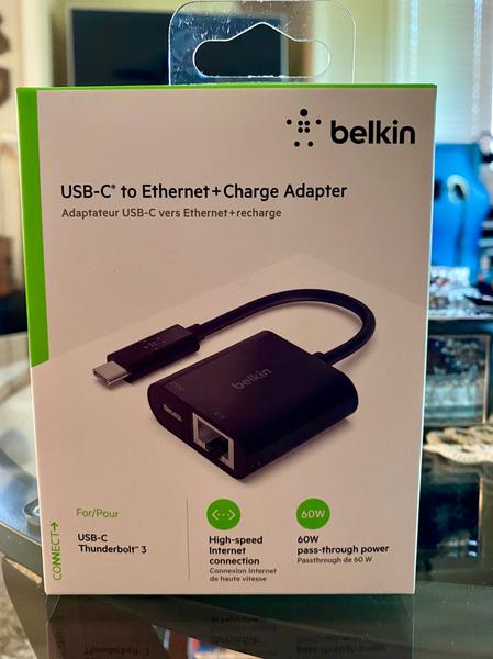 60W Passthrough Power for Connected Devices, 1000 Mbps Ethernet Speeds INC001btBK MacBook Pro Ethernet Adapter Charge Belkin USB-C to Ethernet Adapter 