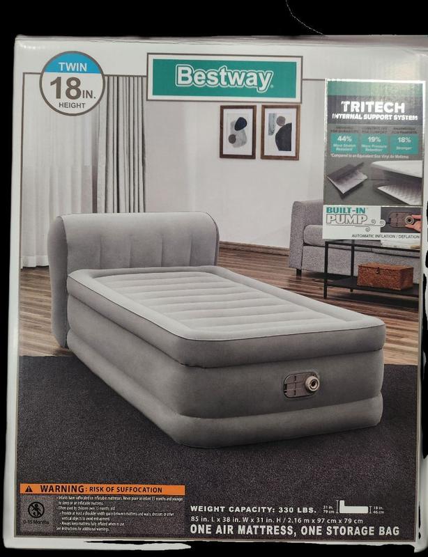 Bestway Tritech Air Mattress Twin 18” with Headboard, Built-in AC Pump and  Antimicrobial Coating