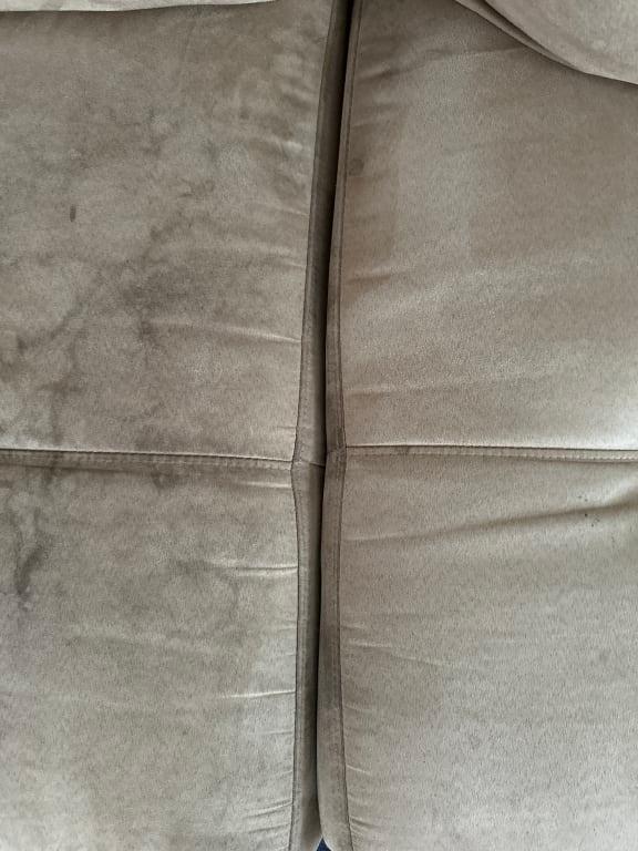 Stains from my dog putting his nose and mouth on the couch are on the left. The right cushion is the one I started cleaning. I did the whole couch and it worked great, looks brand new.