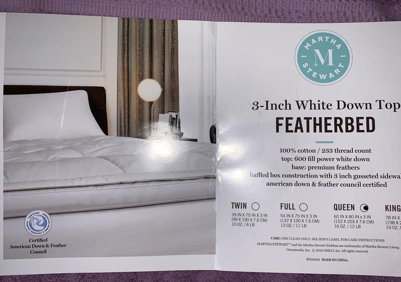 Martha Stewart 233 Thread Count 3 White Down Top Featherbed Blue Ridge Home Fashions