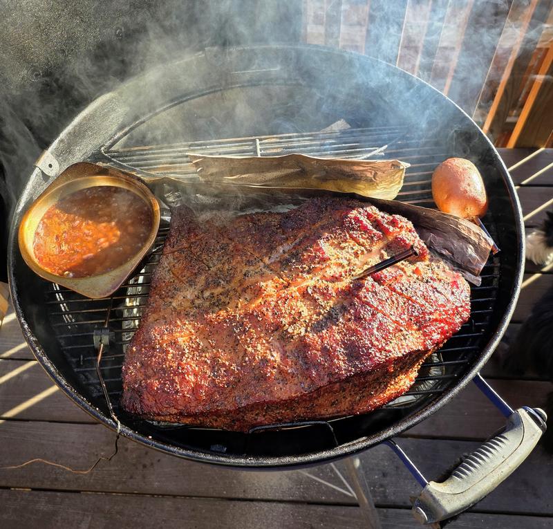 3hrs in, baked beans and the potato is holding a probe