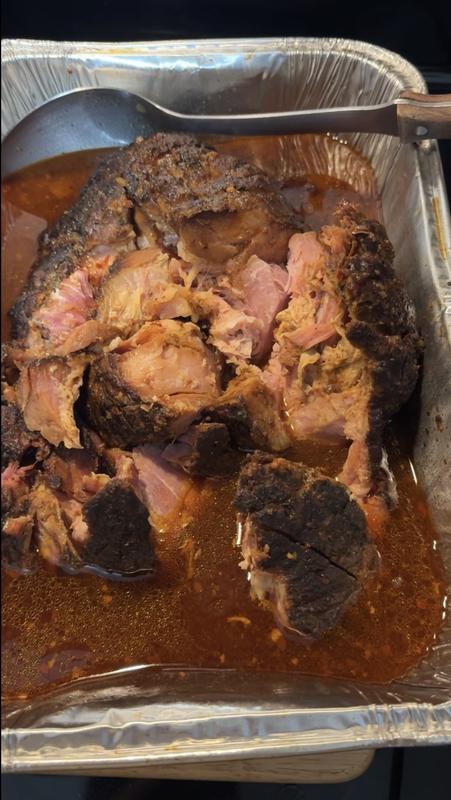‘Pulled Ham” 15 hour smoke on my Traeger. Finished with Blues Hog Raspberry Chipotle Sauce. This sauce knocked this ham out of the park!!