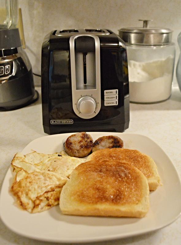 Eggs and sausage paired perfectly with the sourdough toast that was toasted in the pictured BLACK+DECKER 2-Slice toaster!
