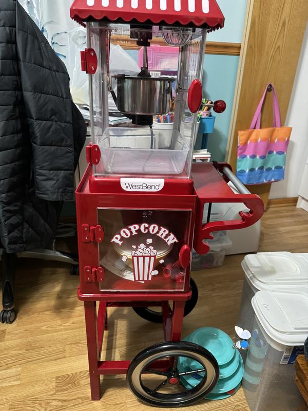 West Bend Compact Movie Theater Style Popcorn Machine and Cart with Onboard  Storage, 10-Cup Capacity, in Red (PCMC20RD13)