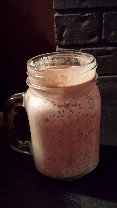 PB Chocolate Protein Smoothie with Maca, Hemp Hearts, Chia, Yoso, Kefir, Almond Milk, MSM, Flax and Bee Pollen.