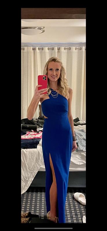 aidan mattox one shoulder crepe dress Aidan Mattox Satin Crepe Back Asymmetrical One Shoulder Beaded Neck Short  Sleeve Side Twist Column Gown