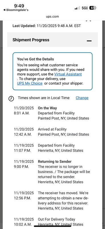 The receiver is no longer in business (the UPS store that another Bloomingdale’s order got shipped to a few weeks ago and is still in business).