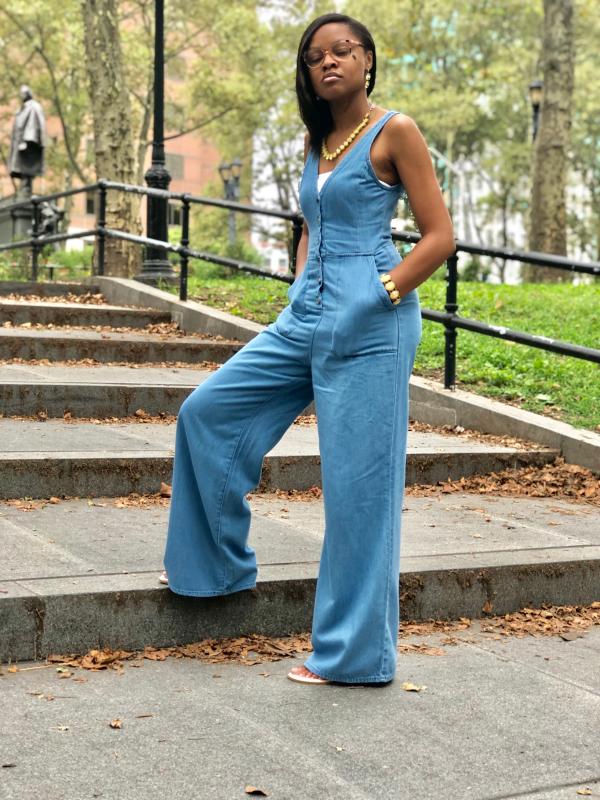 bcbg denim jumpsuit