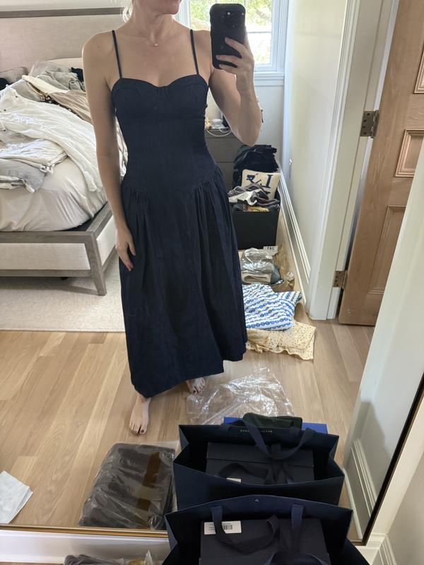 aqua denim bustier midi dress Aqua Denim Bustier Midi Dress in Blue