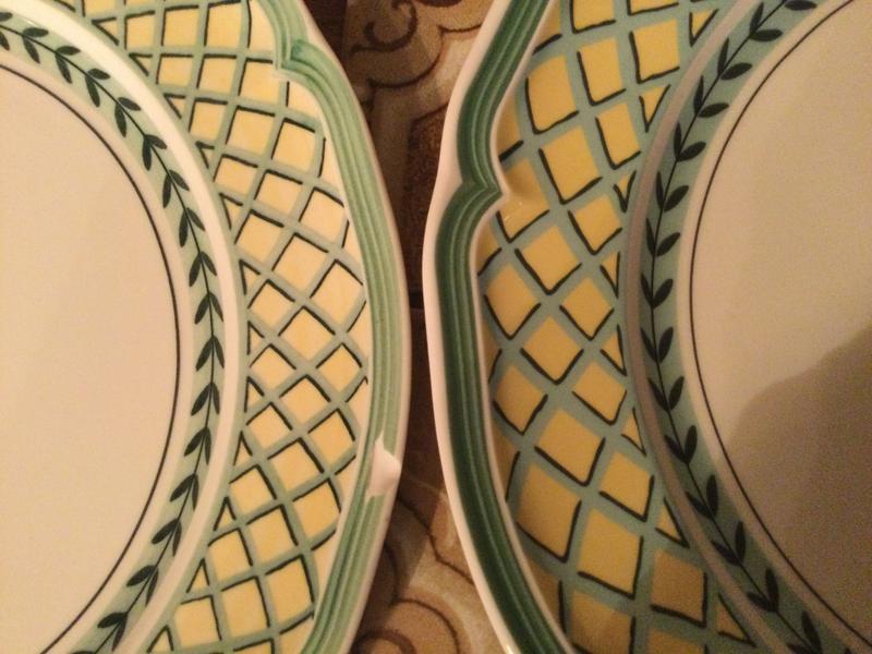 Chipped scratched plate on left & weird off replacement plate on right.