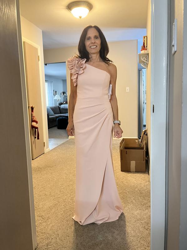 aqua one shoulder crepe dress AQUA One Shoulder Ruffle Crepe Gown - Exclusive