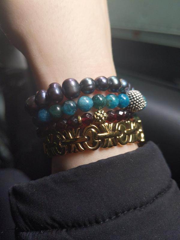 Paired with a Lagos skull bracelet, pearls and watch