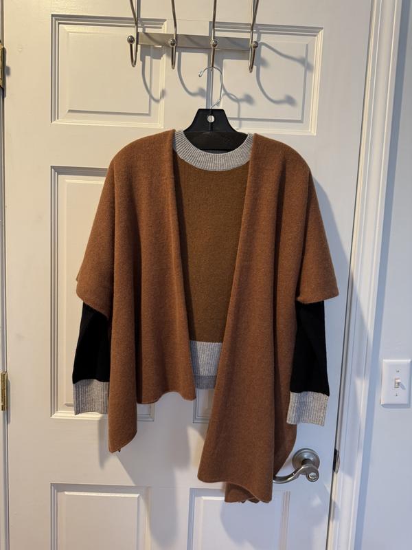 I purchased the Bloomingdales Cashmere wrap to wear with the Color Block sweater for warmth and it’s a perfect match.