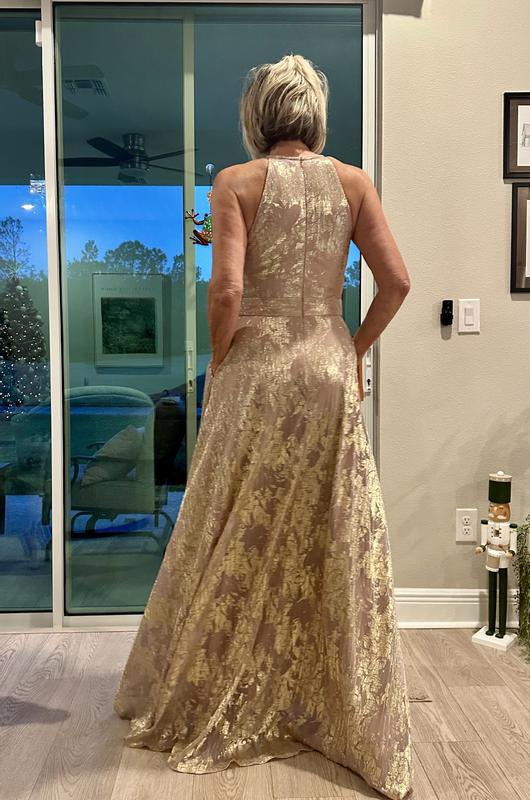 aqua gold dress Montage M2229 Long Floral A Line Formal Dress