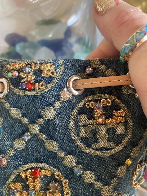 Tory Burch T Monogram Embellished Denim Bucket Bag