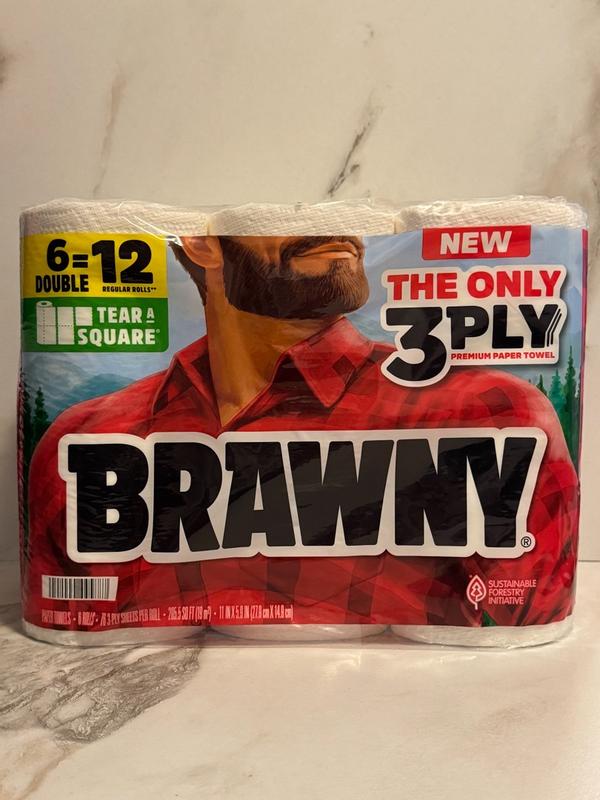 Brawny Tear-A-Square - Asciugamani di carta, 12 rotoli doppi = 24 rotoli normali, 3 fogli di dimensioni (quarto, metà, pieno), resistenti per tutti i