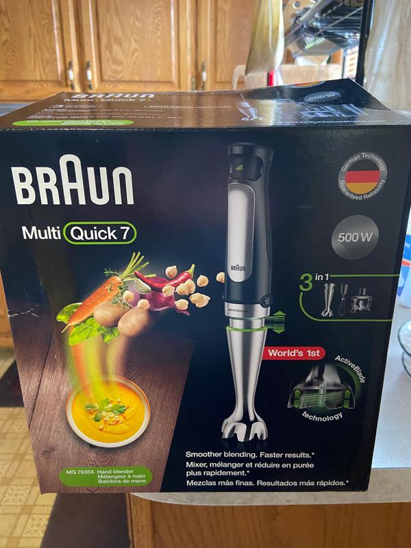  Braun MQ7035X - Batidora de inmersión 3 en 1, potente batidora  de acero inoxidable de 500 W, velocidad variable + procesador de alimentos  de 2 tazas, batidor, vaso de precipitados, mezcla más rápida