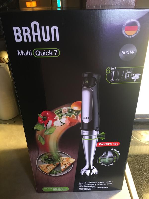 Braun MultiQuick MQ7077 4-in-1 Immersion Hand, Powerful 500W Stainless  Steel Stick Blender, Variable Speed + 6-Cup Food Processor, Whisk, Beaker