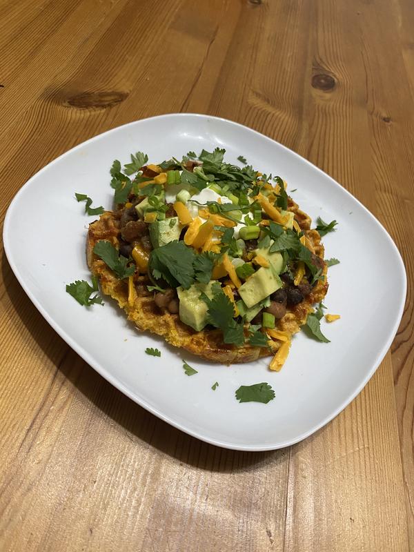 Cheesy cornbread waffles with chilli