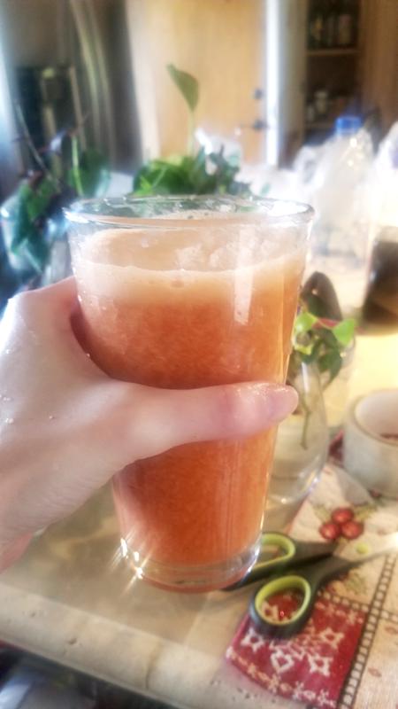 My first recipe - 2 Organic Apples and 2 Purple Heirloom Carrots Juiced + 3-5 Strawberries "blended" in with 1 tablespoon of fresh lemon juice. Made over 16 ounces of juice! No water added!