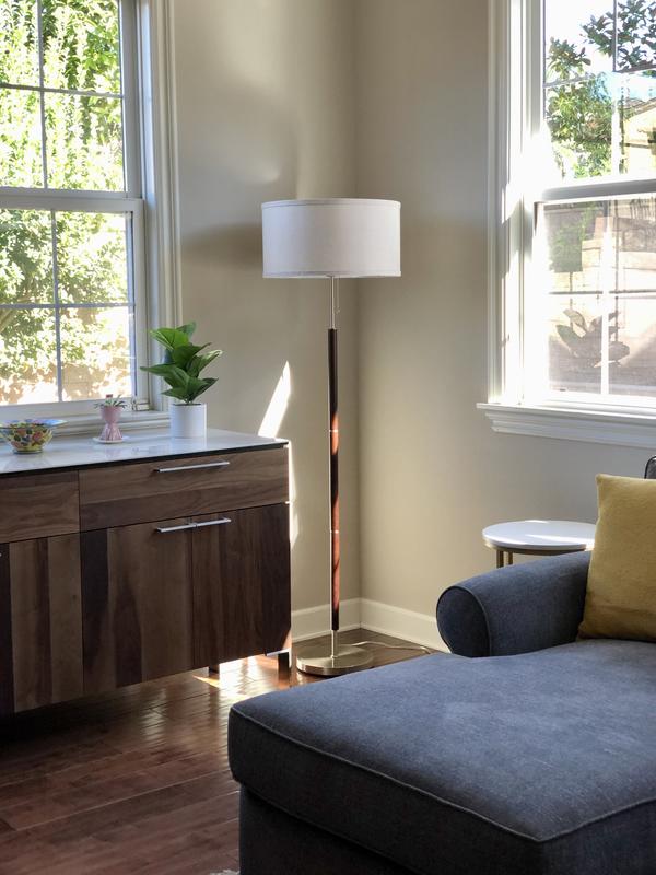 Carter Walnut Wood Floor Lamp Neutral Linen Drum Shade Brightech