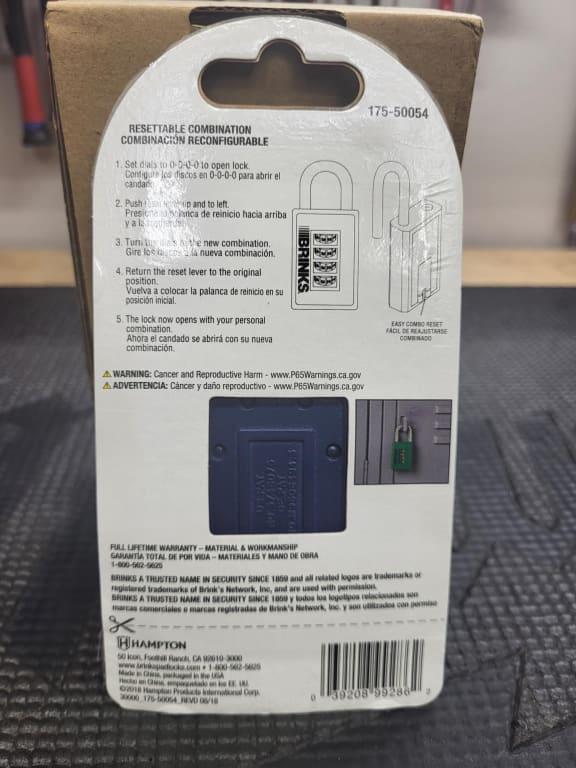 Brinks 175-50054 4-Dial Resettable Combination Padlock – 40mm, Zinc Diecast Body, Chrome Shackle, Carabiner Clip