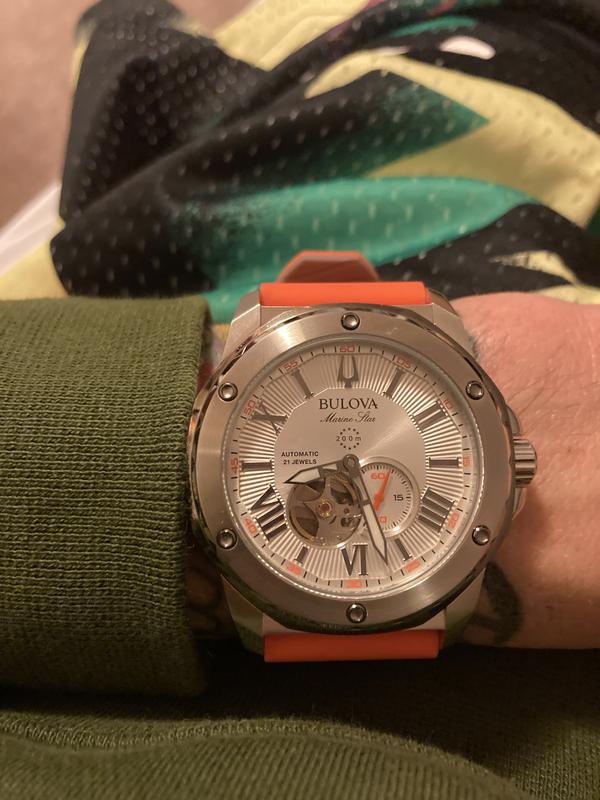 Bulova Marine Star Men's Silver Orange Silicone Strap Watch | Bulova