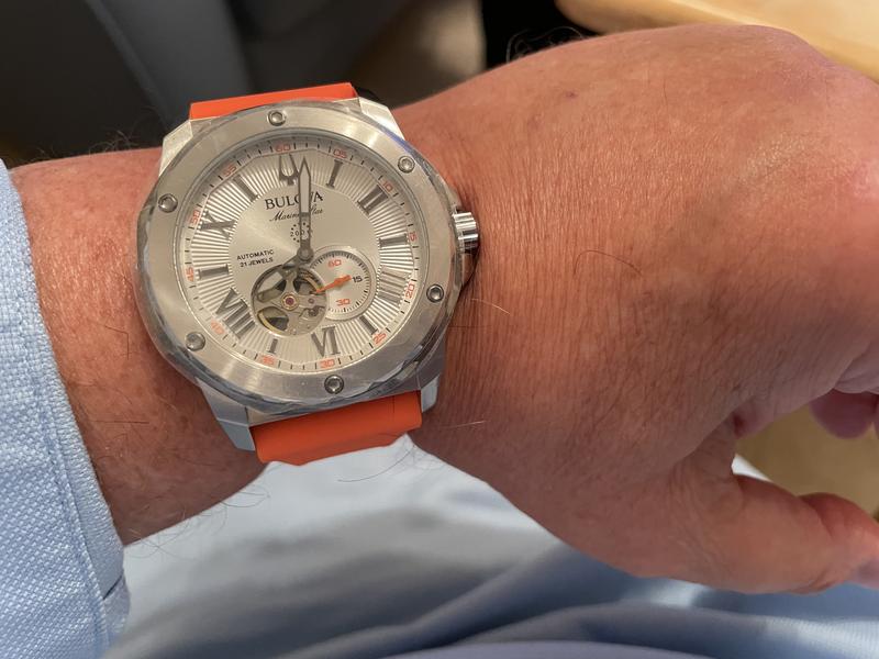 Bulova Marine Star Men\'s Silver Orange Silicone Strap Watch | Bulova