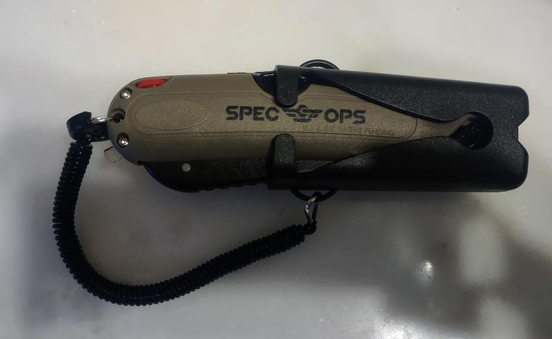 Spec Ops Safety Knife Box Cutter with Self-Retracting Blade, Includes Holster & Lanyard