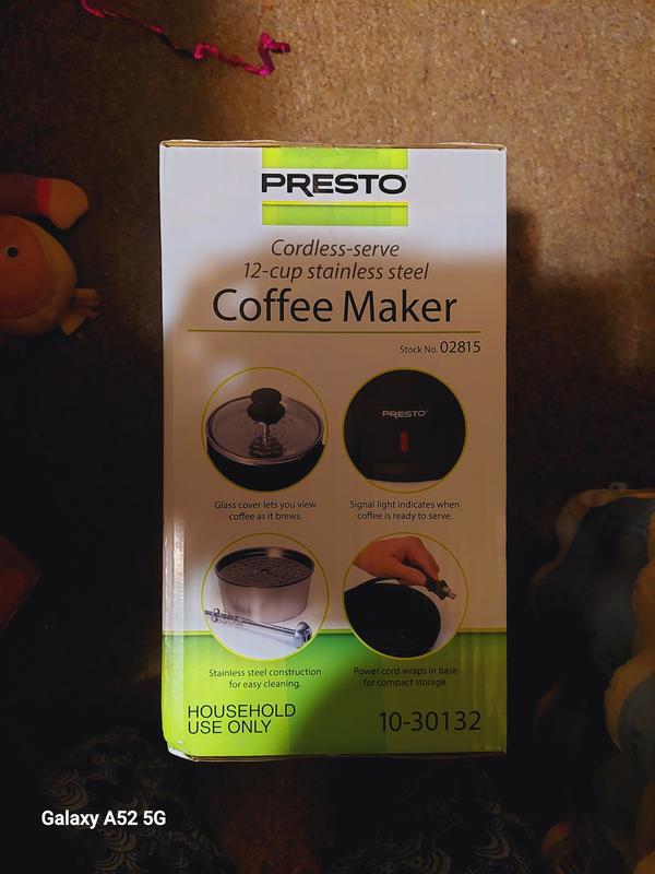 Presto 02815 12-Cup Cordless Stainless Steel Coffee Percolator - Modern  Design, Easy Pour Spout, Stay-Cool Handle, Matte-Black