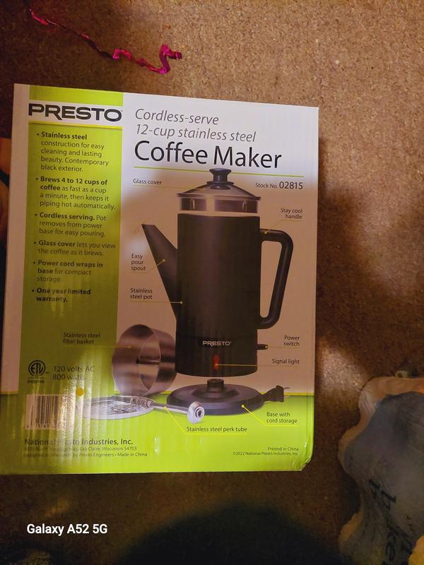 Presto Coffee Percolator 12 Cup Stainless Steel Electric w Cord Vintage  0281105