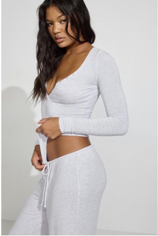 Sheer Ribbed Henley Long Sleeve Top Gray | Garage