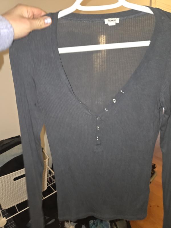 Sheer Ribbed Henley Long Sleeve Top