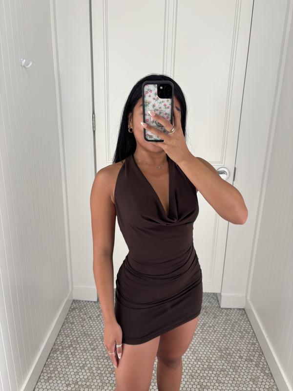 Deep Plunge Cowl Neck Mini Dress