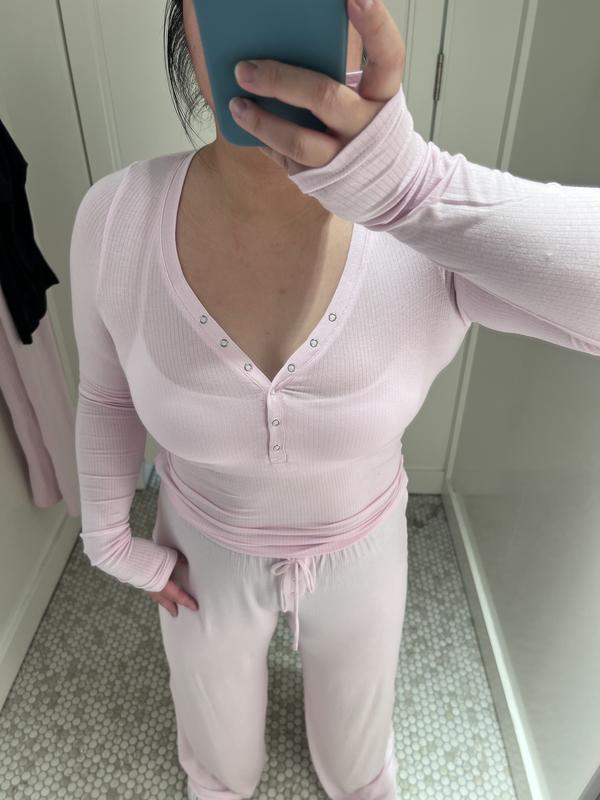 Sheer Ribbed Henley Long Sleeve Top