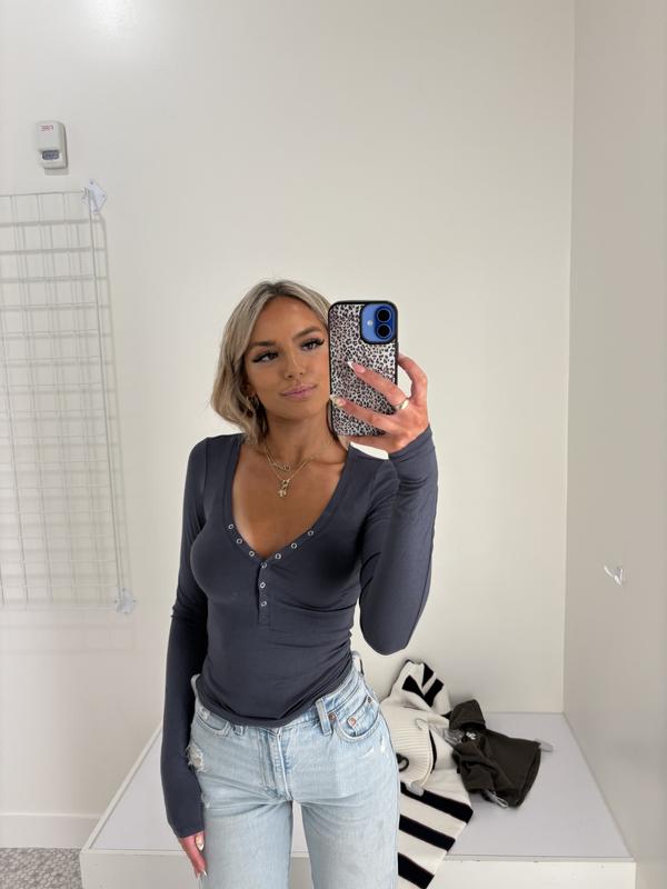 Sheer Ribbed Henley Long Sleeve Top