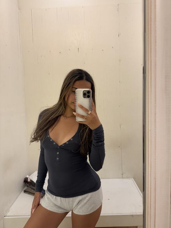 Sheer Ribbed Henley Long Sleeve Top