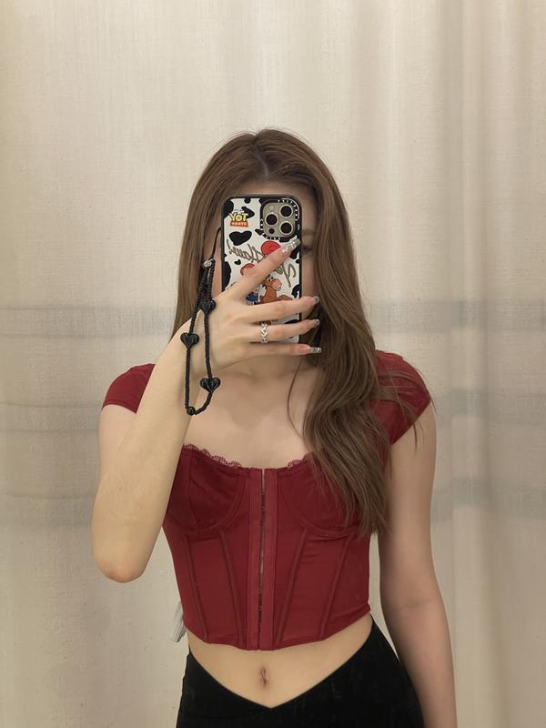 Red Bandage Mesh Panel Corset Top, Tops