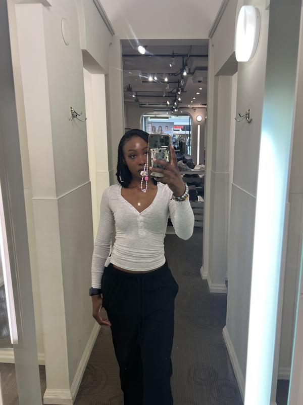 Sheer Ribbed Henley Long Sleeve Top