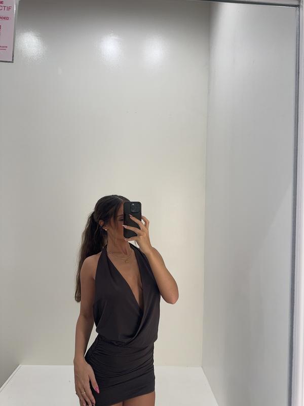 Mini Mesh Halter Dress Brown | Garage