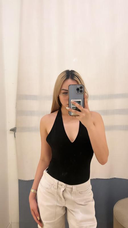 Plunge Halter Bodysuit Black