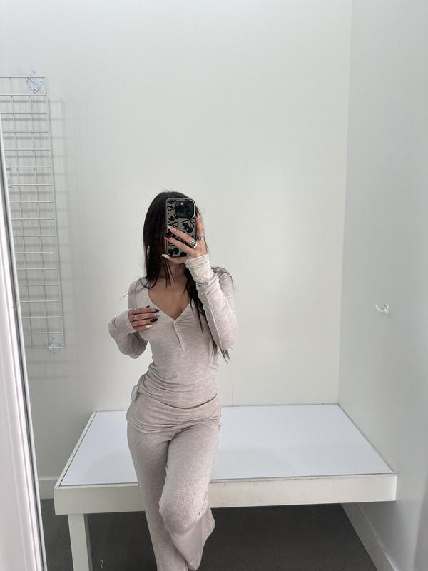 Sheer Ribbed Henley Long Sleeve Top