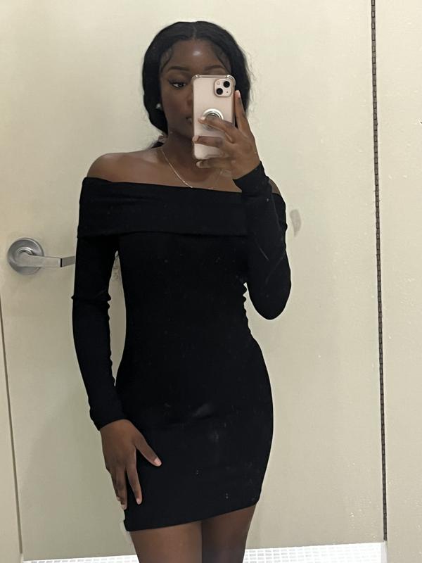 Off Shoulder Long Sleeve Mini Dress Black