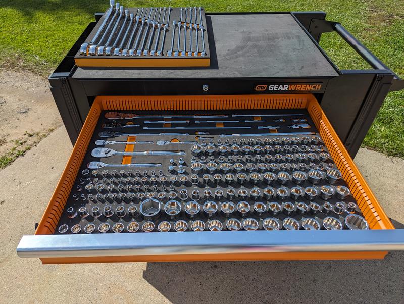 MEGAMOD 41 in. x 25 in. 11-Drawer Mobile Workbench Cabinet with Master Mechanics Tool Set in Foam Trays (614-Pieces)