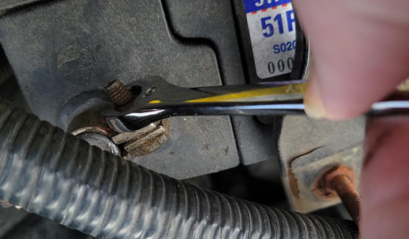 This battery terminal design is truly horrible in any regions prone to rust. It's a bit hard to judge from the photo, but long socket wouldn't fit, pliers were simply rounding the nut and slipping on corrosion, but the GW was able to fit properly.