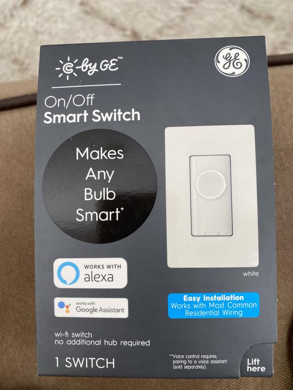 GE CYNC Smart Light Switch On/Off Button Style, No Neutral Wire Required,  Bluetooth and 2.4 GHz Wi-Fi 3-Wire Switch, Works with Alexa and Google Home,  White (1 Pack)