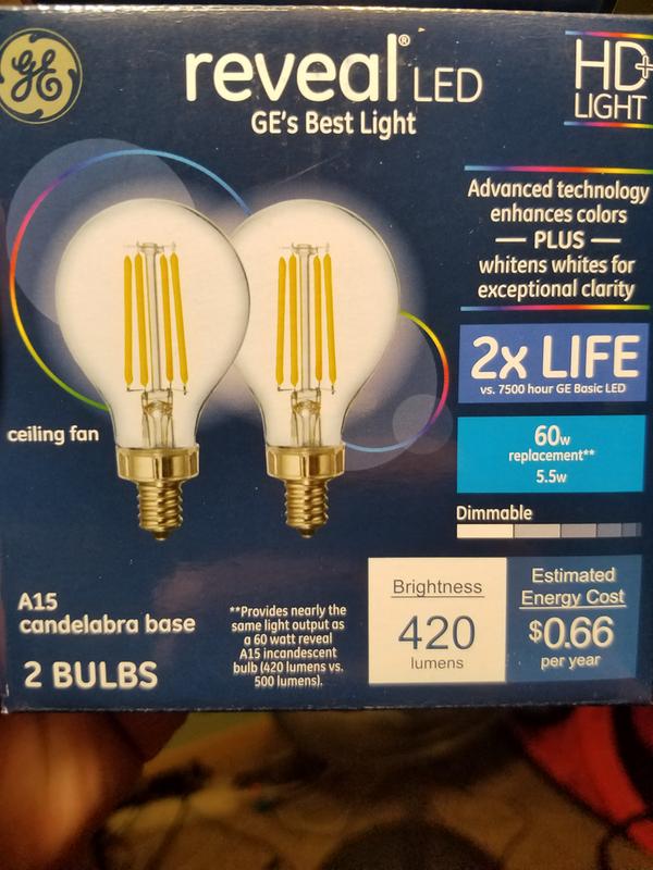 GE Crystal Clear 60-Watt A15 Light Bulb – Candelabra Base, 635 Lumens, 2-Pack, Decorative Ceiling Fan Bulb, Vibration-Resistant Filament