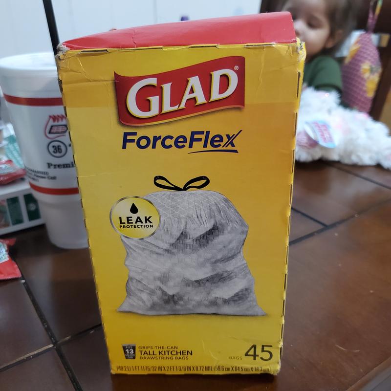 Glad ForceFlex Tall Kitchen Drawstring Trash Bags, Unscented, 13 gal, 38 ct