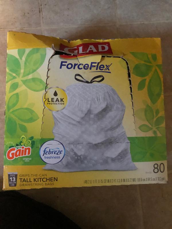 Glad ForceFlex Tall Kitchen Drawstring Trash Bags, 13 Gallon White, Gain  Original scent, 80 Count