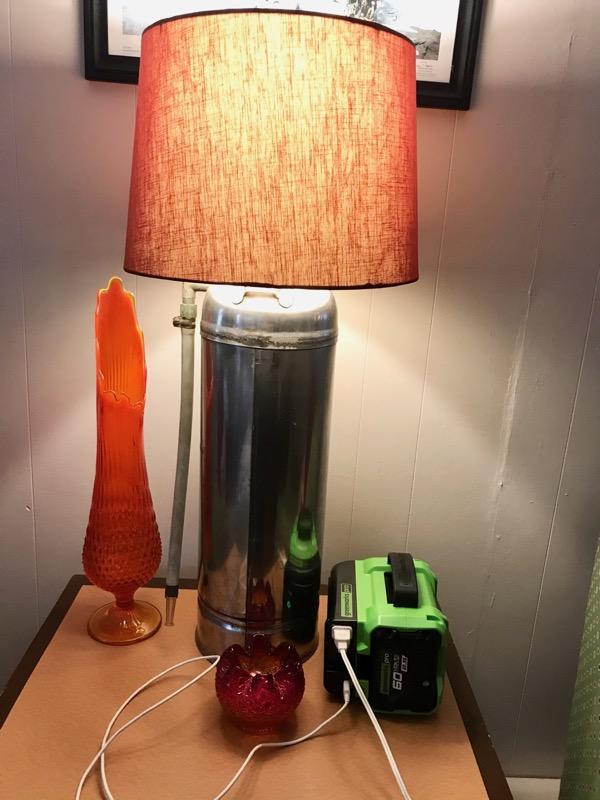 Table lamp for (6) hours and charged IPhone w/ 2.5ah battery.